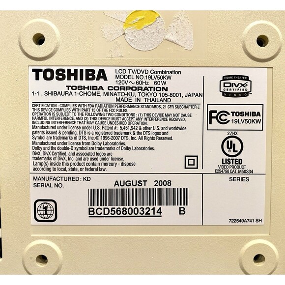 Toshiba 19LV50KW LCD TV DVD Player Combo White HDMI.   Perfect For Gaming!! - Picture 5 of 9